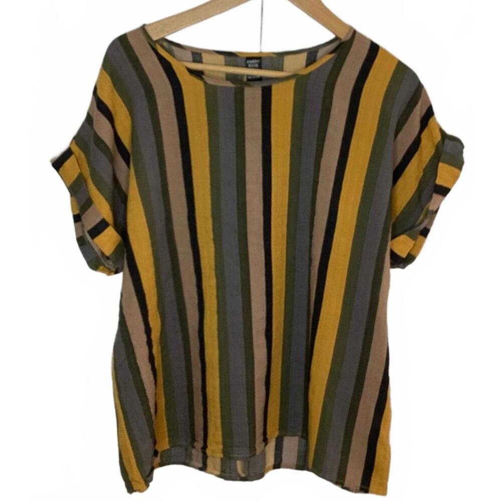 Emery Rose Relaxed Cotton Blend Yellow,Green,Brown, Grey Striped Pull On Top XL
